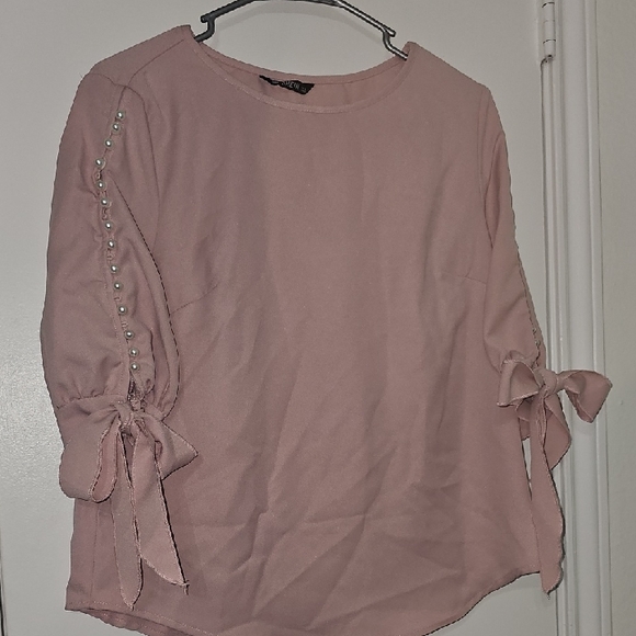 SHEIN Light Pink Blouse with Bow and Pearl Accents - Picture 1 of 1